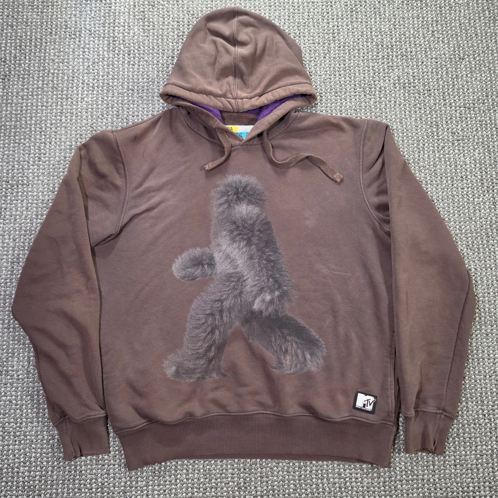 MTV Bigfoot Sasquatch Hoodie Mens XXL Zara Brown Graphic Pullover Distressed